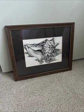 Vintage Black and White Shell Illustration Framed Wall Art